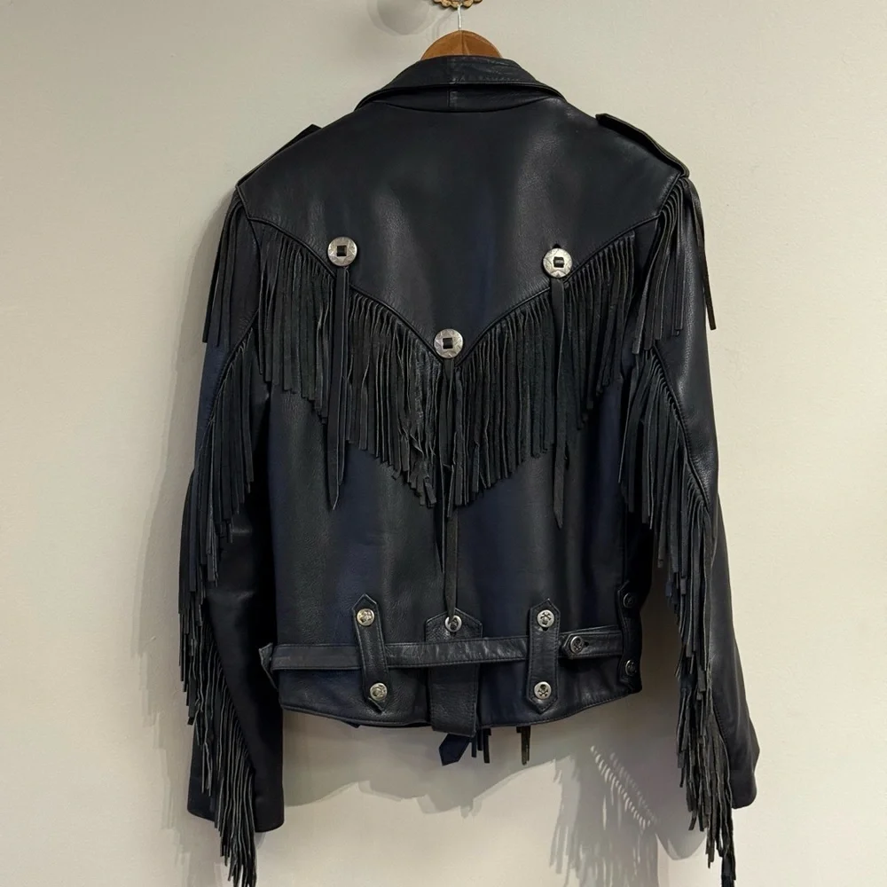 Verducci size 38 black leather fringe moto jacket skull buttons - Picture 3 of 15